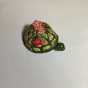 Vintage Wooden Turtle Figure Green Pink Floral w/ Lady Bug Handmade Retro